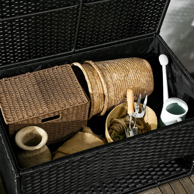 Outsunny Outdoor Deck Box & Shoe Storage, PE Rattan Wicker Towel Rack with Liner for Indoor, Outdoor