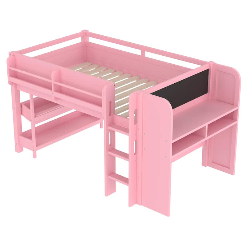Twin Loft Bed with Multi-storage Bookcases, Boxes and Drawers, Solid Wood Low Loft Beds with Desk and Blackboard
