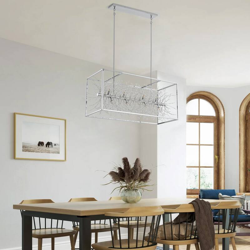 Farmhouse 12-Light Rectangle Metal Frame Kitchen Island Chandelier with Crystal Branch Inside