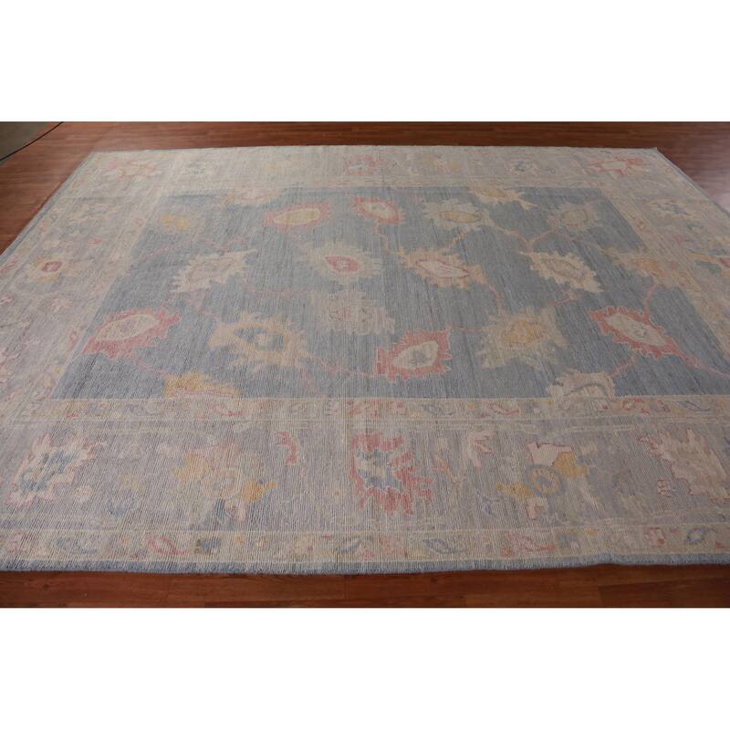Hand Knotted Oriental 100% Wool Carpet Transitional All-Over Navy Blue & Blues Oushak Area Rug - 12' 5'' X 8' 11''
