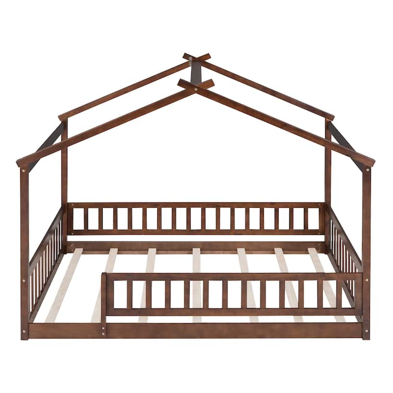 Full Size House Bed with Roof and Fence, Perfect for Kids' Play and Sleep