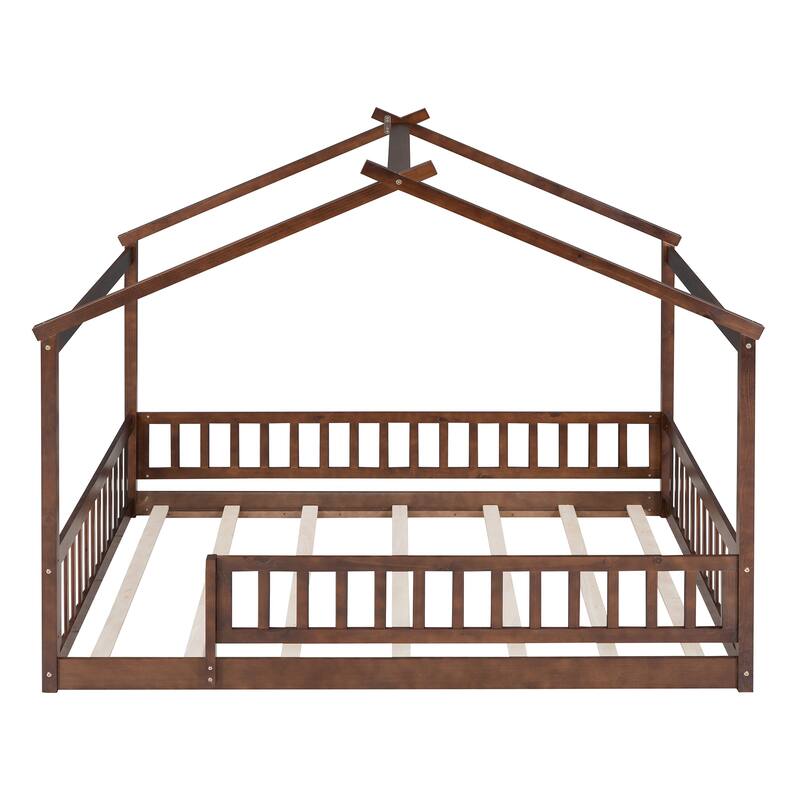 Wood Bed House Bed Frame with Fence for Kids
