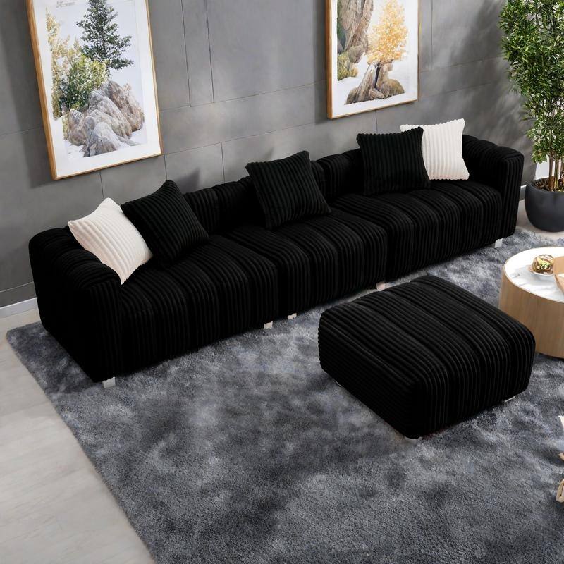 114.17" Corduroy 3-Seater Sofa with Ottoman, Solid Wood Frame and High-Density Foam Cushions - Black
