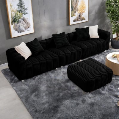 114.17" Corduroy 3-Seater Sofa with Ottoman, Solid Wood Frame and High-Density Foam Cushions