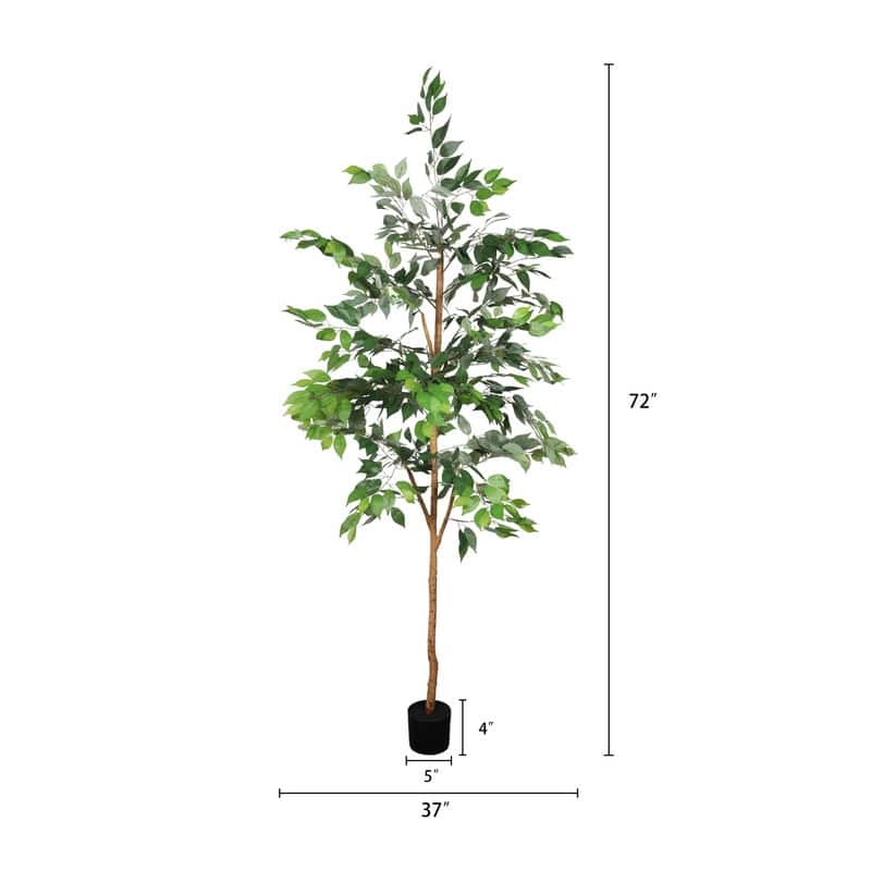 6FT Artificial Ficus Tree with Natural Trunk in Black Plastic Pot for Indoor Home Office Decor, 1pc/set