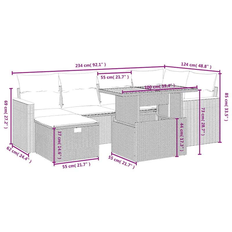 vidaXL Patio Sofa Set with Cushions Outdoor Furniture 7 Piece Poly Rattan - 21.7 x 24.4 x 27.2
