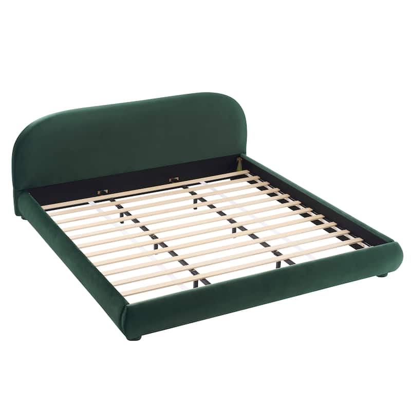 Queen / King Fabric Upholstered Bed with Curved Aesthetic Headboard - Green - King