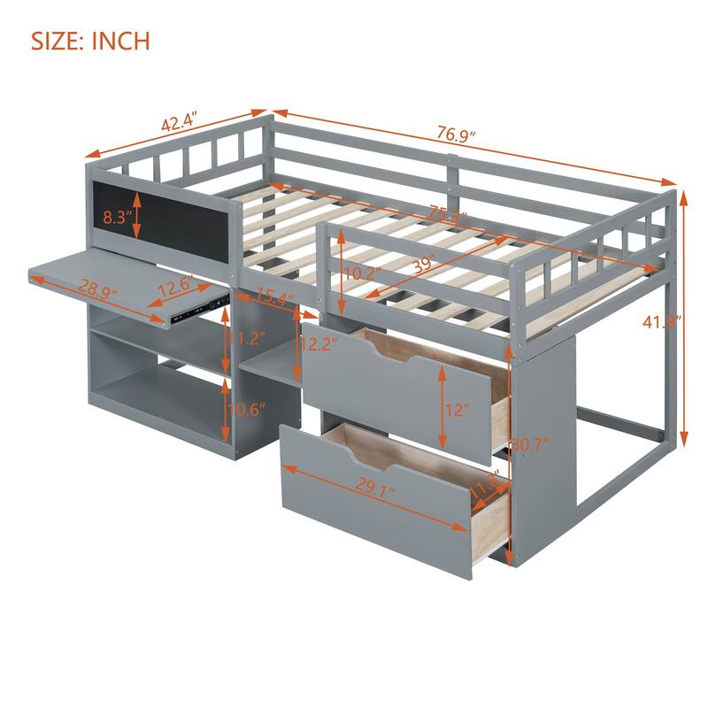Twin Size Low Loft Bed with Rolling Desk, Shelves, and Drawers - Space Saving Design