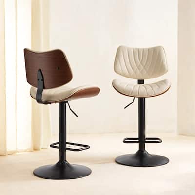 Set of 2 Mid Century Modern Bar Stools Bentwood Frame Adjustable Counter Height 360° Swivel Leather Upholstered