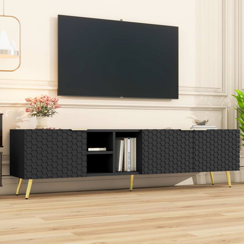 71" Minimalist TV Cabinet with Geometric Honeycomb Pattern - Gold Accents, Cable Management, Storage - Black