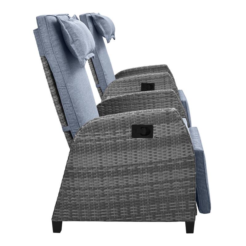 3-Piece Outdoor Patio Wicker Recliner Chair Set with Tempered Glass Table