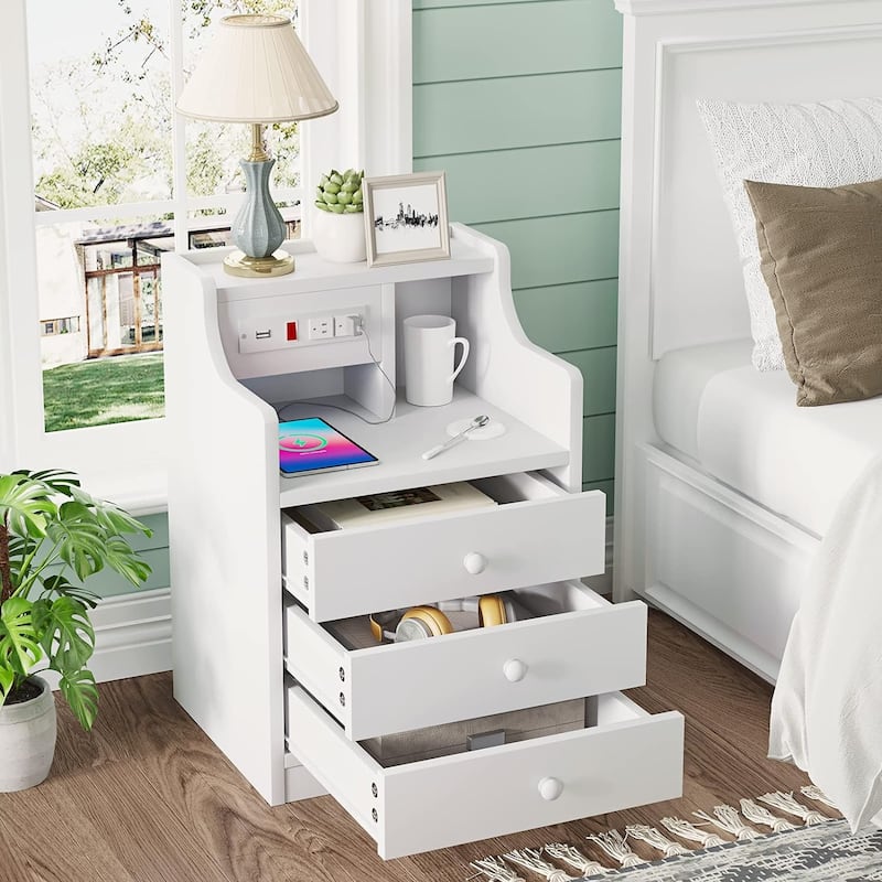 Small Nightstand 3 Drawers Charging Station End Side Table