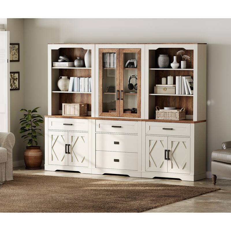 3-Column 73.3" Tall Bookshelf Set with Open Storage and Glass Doors - Cream White - 2 Open Shelf&1 Glass Door