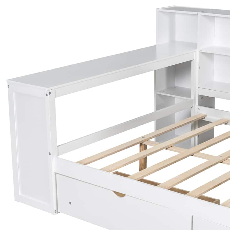 Wood Daybed Platform Bed Multifunctional Bed Frame with Charging Station and LED Light, Upholstered Headboard, Storage Shelves