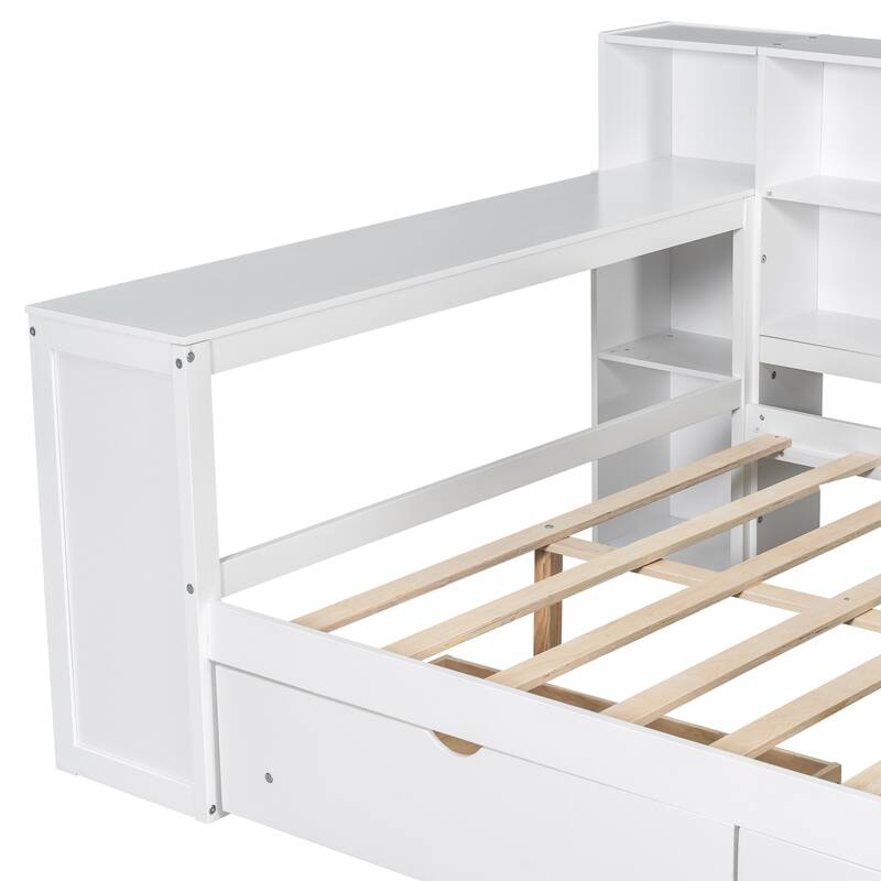 Wood Daybed Twin Size Platform Bed with Storage Shelves, Drawers, Charging Station, Desk, LED and Upholstered Cushion Headboard
