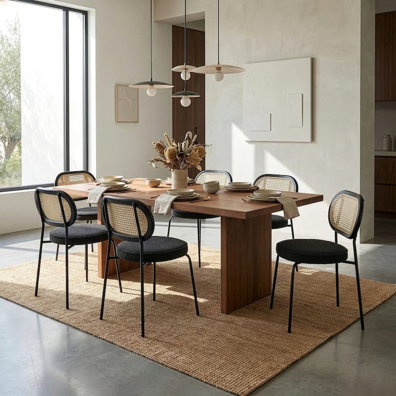 Set of 2 Azem Black Boucle Dining Chair with Rattan Backrest and Chrome Legs