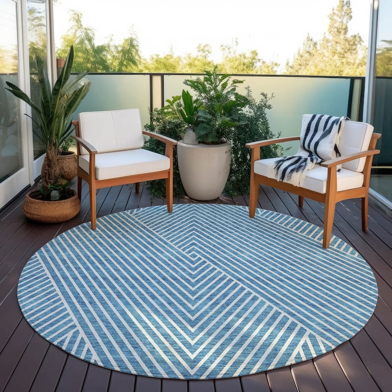Machine Washable Indoor/ Outdoor Modern Geo Chantille Rug - Teal - 8' x 8'