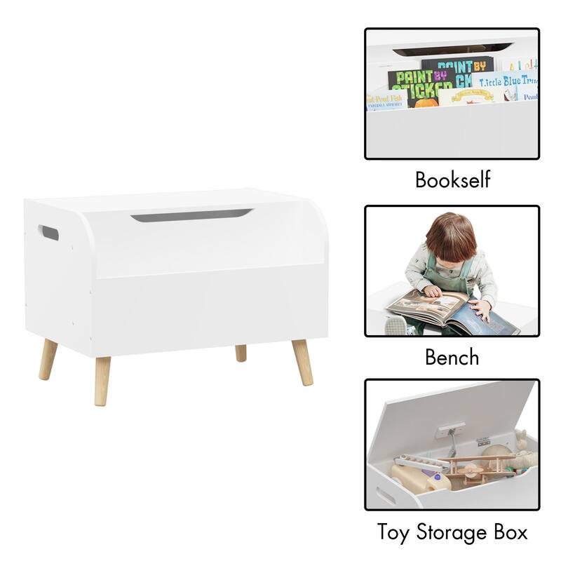 Wooden Toy Box with 4 Universal Wheels, Kids Toy Storage Organizer with Front Bookshelf, Flip-Top Lid, Safety Hinge