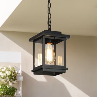 Modern Farmhouse Black 1-Light Outdoor Pendant Transitional Metal Hanging Light - L 6.7"* W 6.7"* H 11.8" 