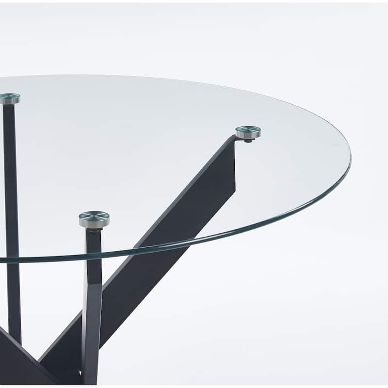 Black Dining Table with cross metal leg and tempered glass,Modern Space Saving Kitchen Table for Living Room
