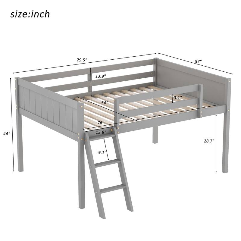 Full Size Wood Low Loft Bed with Convertible Ladder, Gray