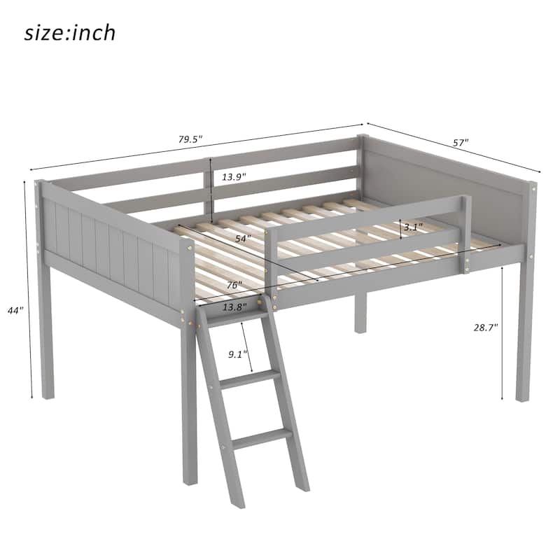 Gray Full Size Solid Wood Low Loft Bed with Ladder and Fence