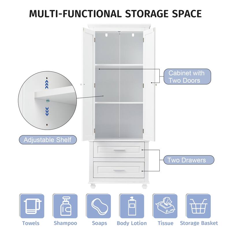 Roomfitters 64" Tall Bathroom Storage Cabinet, Modern MDF Linen Tower with 2 Large Drawers & Adjustable Shelves, White