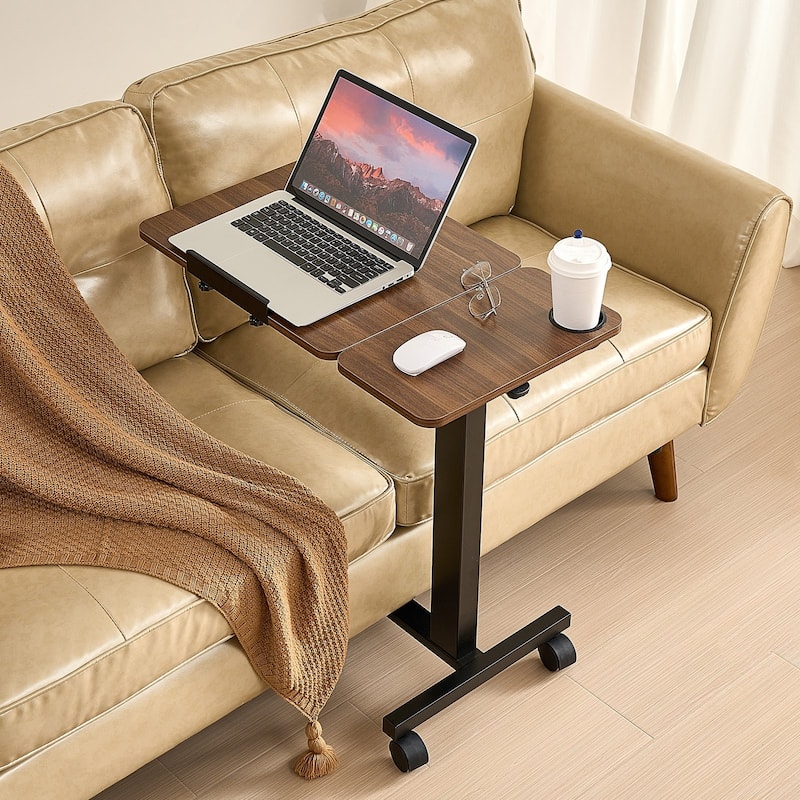 Wood and Black Adjustable Overbed Table with Electric Lift, Tilting Top and Wheels