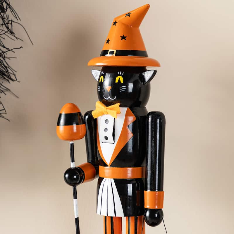 Glitzhome Set of 3 18.5"H Halloween Black Cat/Witch/Pumpkin Wood Nutcracker