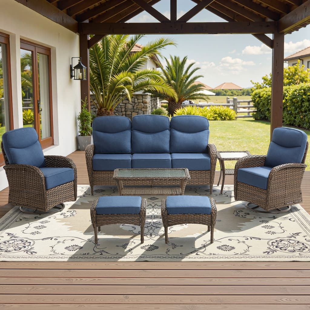 Meyreso 7-Piece Wicker Patio Conversation Set with Swivel Gliders and 6-Inch Thick Olefin Cushions