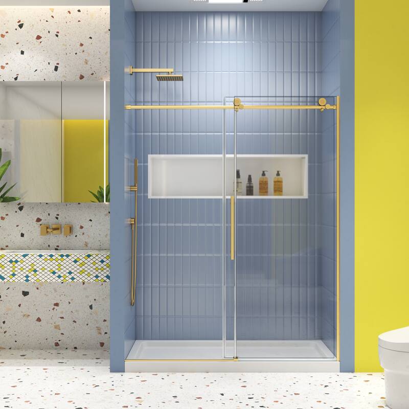 60"W x 74"H Frameless Single Sliding Shower Door with 5/16" Tempered Glass - 60'' x 74'' - Brushed Gold