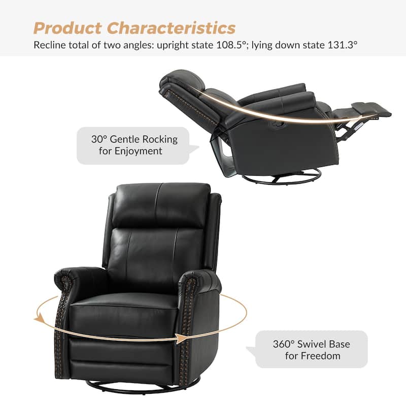 Alina Modern 20''w Genuine Leather Swivel Rocker Nursery Manual Recliner Chair with Rolled Arms by HULALA HOME