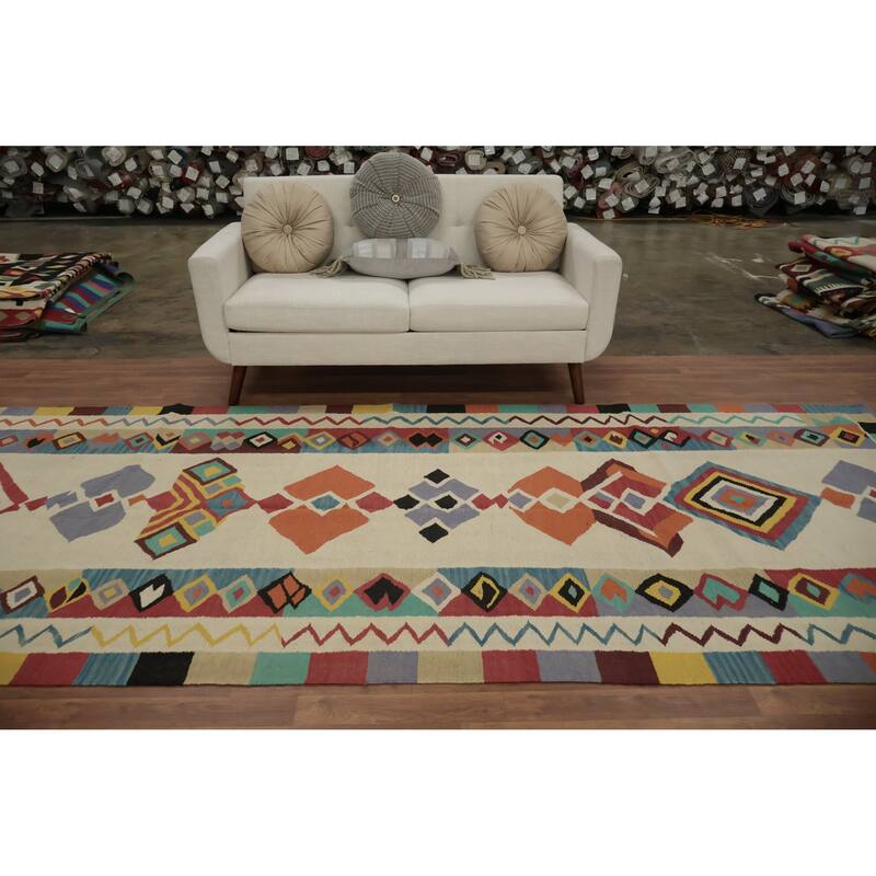 Hand Woven Oriental 100% Wool Carpet Southwestern Modern Beige & Ivories Kilim Area Rug - 12' 0'' X 5' 1''