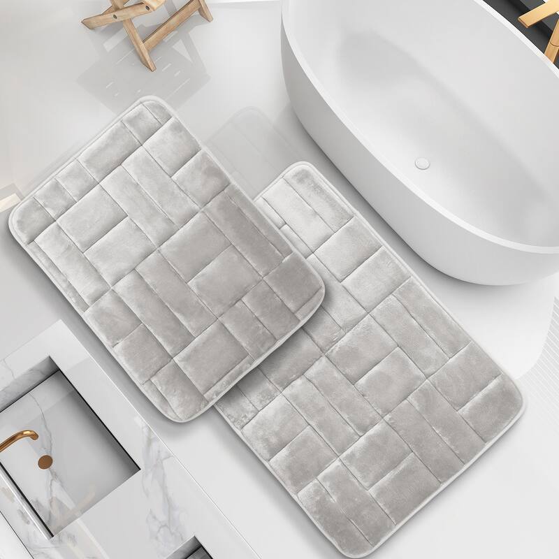 Clara Clark Ultra Soft Non Slip and Absorbent Bath Rug - Tiled Velvet Memory Foam Bath Mat - Small-Large (2PK) - Silver