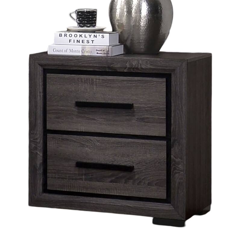 2-Drawer Gray Nightstand, Modern Bedroom Furniture with Two-Tone Design and Black Trim, Paper Veneer Bedside Table
