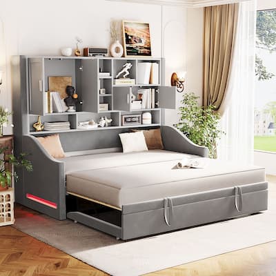 Twin Size Upholstered Daybed Sofa Bed with All-in-one Bookcase Storage Cabinets Shelves, Pull-out Lift-up Trundle, Arm Lights