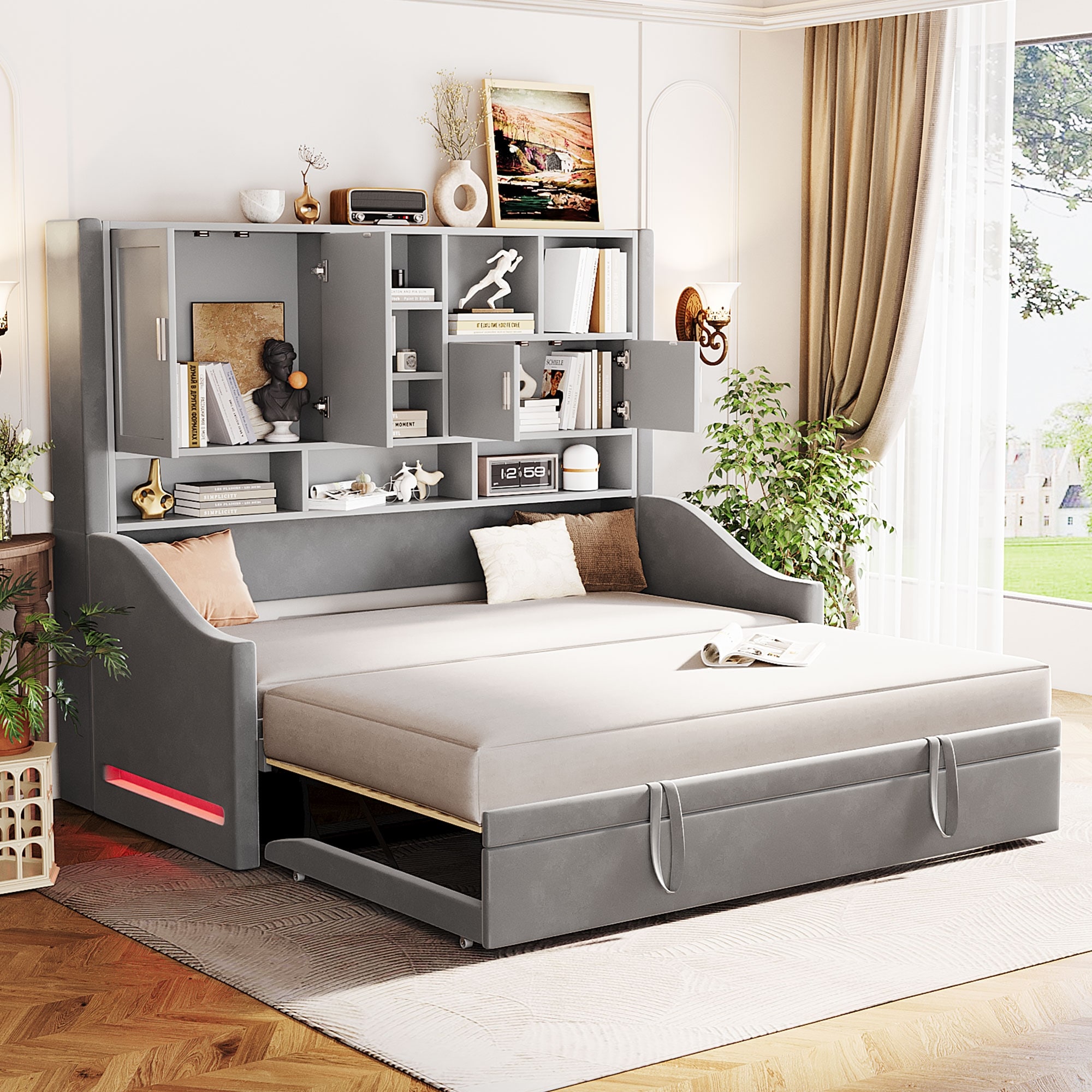 Twin Upholstered Daybed with LED Armrest Lights, Pop-Up Twin Trundle, Storage Shelves & Cabinets