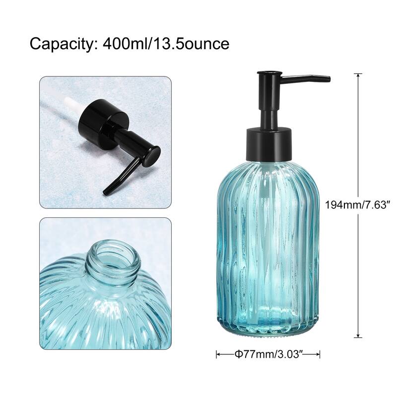 Soap Dispenser - 13.5Oz Glass Dish Hand Soap Dispenser with Black Pump for Kitchen Bathroom - Blue
