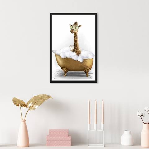 Oliver Gal 'Bathtime Giraffe' Bath and Laundry Gold Wall Art