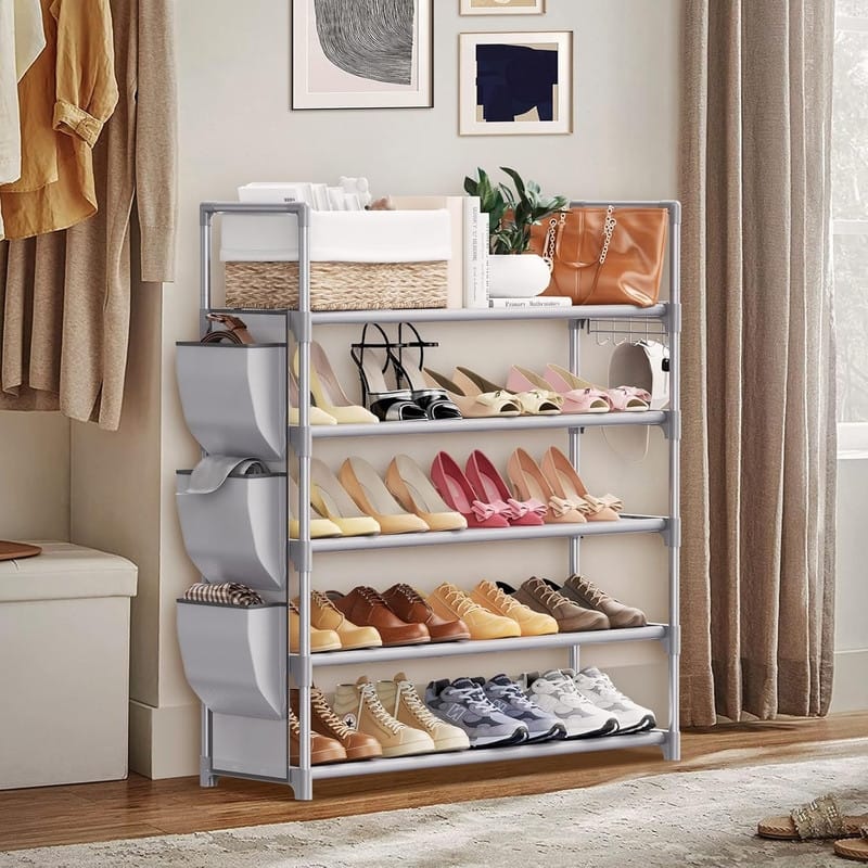 5 Tier Shoe Rack with Hook and Side Pocket - 11.2"D x 33.5"W x 35.6"H