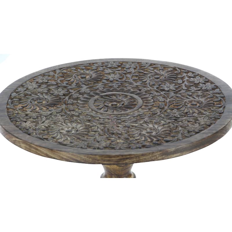 Mango Wood Elephant Handmade Intricately Carved Accent Table with Turned Base - Dark Brown - Roche River Decor