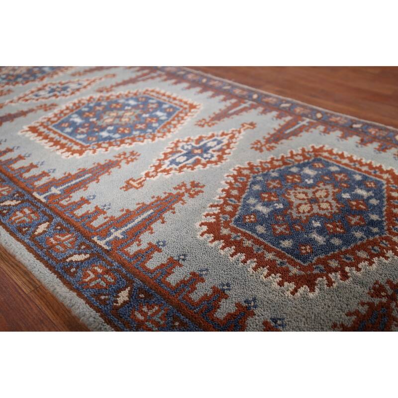 Geometric Viss Indian Runner Rug Hand-Knotted Wool Carpet - 2'6"x 9'7"
