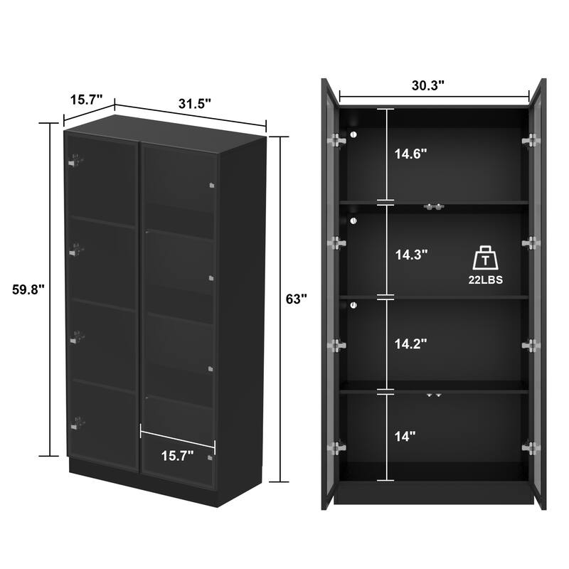 Storage Cabinet Glass l Wood Display Cabinet with 4 Shelves and Light