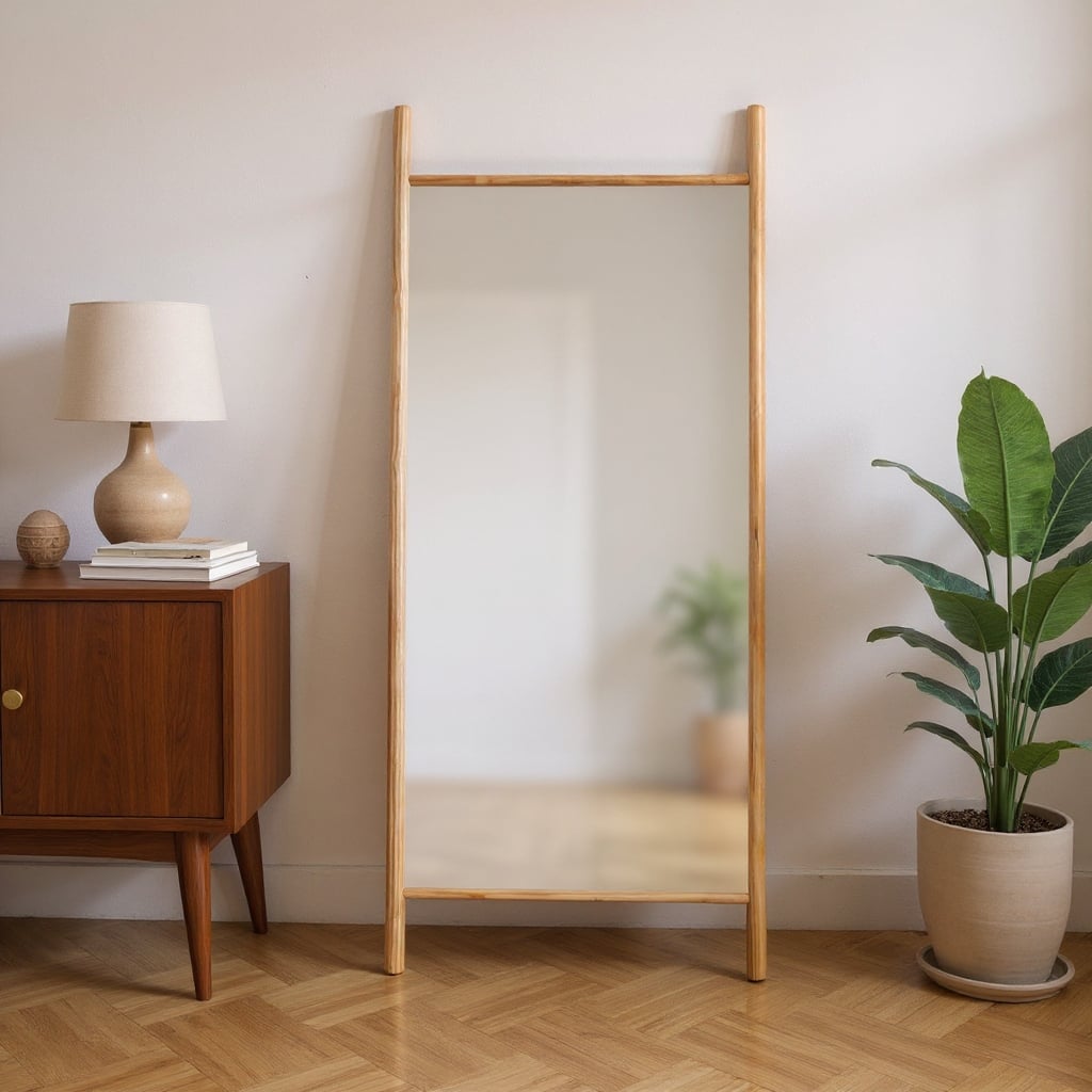 HomeRoots 71" Natural Solid Wood Ladder Leaning Framed Full Length Mirror - 31.00 in. x 71.00 in. x 0.79 in.