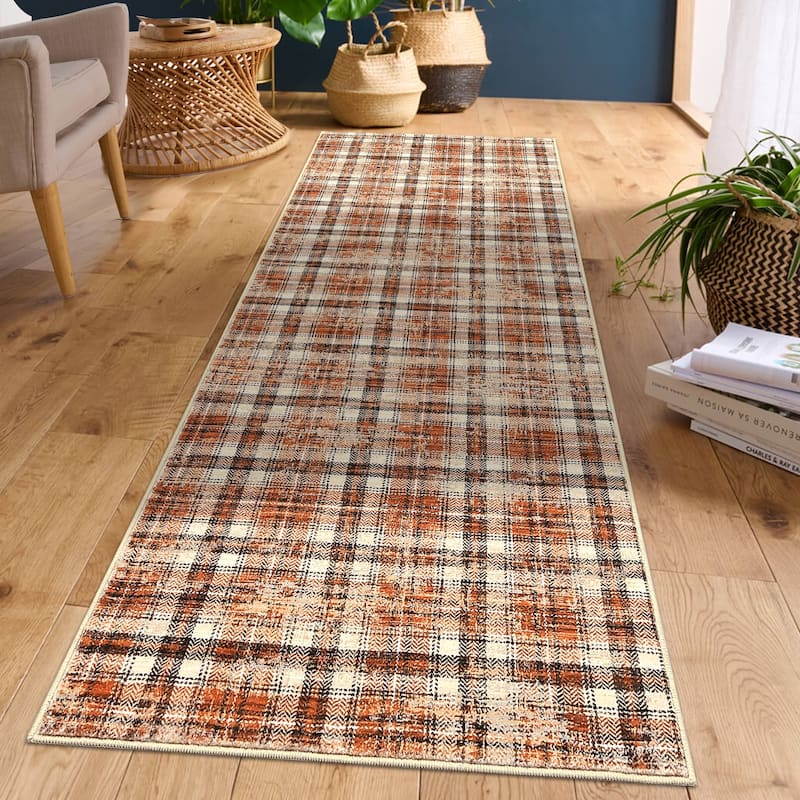 Garvee Earthy Plaid Soft Low Pile Foldable Area Rug