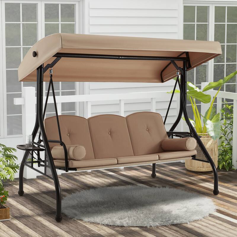3-Seat Outdoor Porch Swing with Adjustable Canopy & Stand, Convertible Bed, All-Weather, Thickened Cushions & Cup Holders