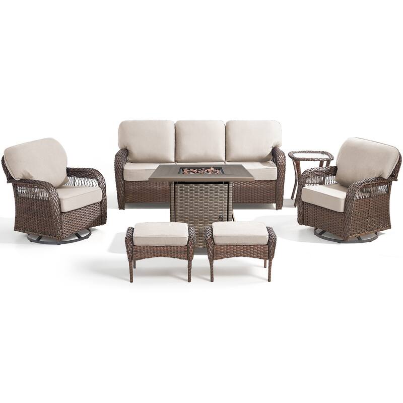 Pocassy Outdoor Sofa Ottoman Swivel Chair Table with Fire Table Set.