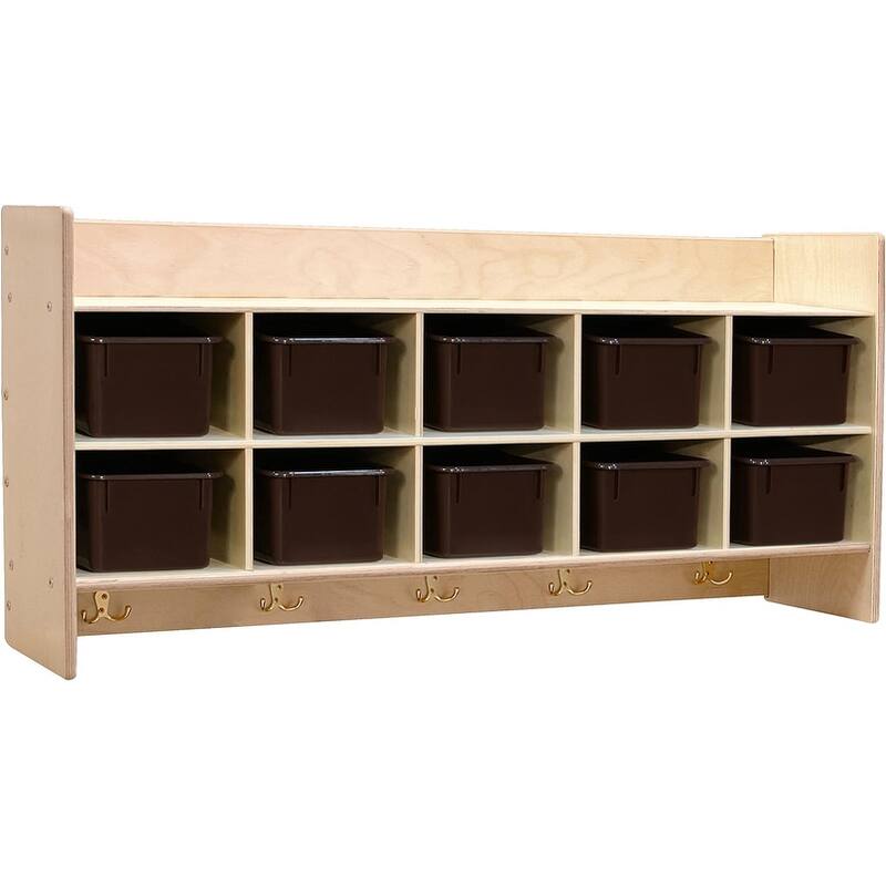 Contender 10 Section Wall Cubby Shelve with Brown Bins, Toddler Storage organizer for House and Playrooms