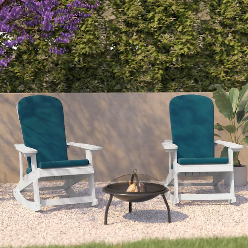 Indoor/Outdoor Rocking Adirondack Chairs with Cushions - Set of 2 - 29.5"W x 37.75"D x 39.5"H - White/Teal