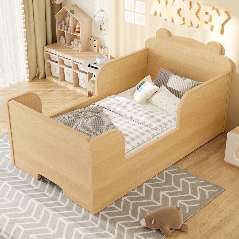 Toddler Floor Bed Frame - Bear Shape Cot Bed for Boys & Girls Ages 3-6 - Natural - Twin